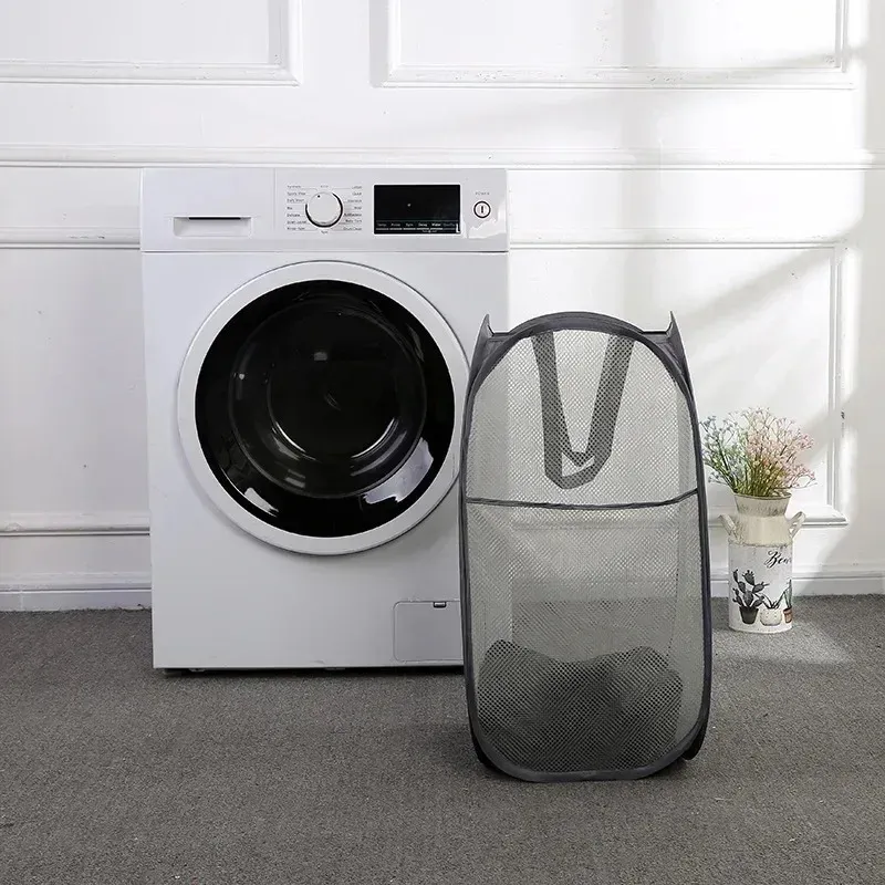 Panier à linge pliable de grande capacité en maille pour salle de bain, organisateur portable 5