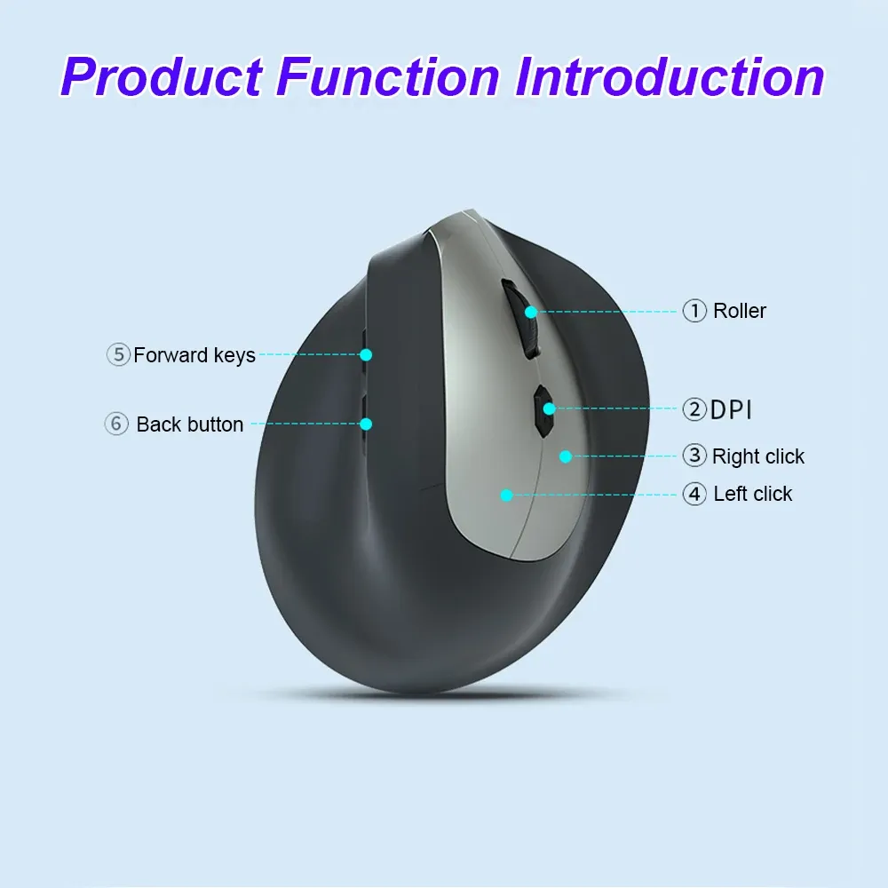 Souris verticale ergonomique sans fil 2,4 GHz et Bluetooth 5.2, optique, réglable jusqu'à 1600 DPI, 6 boutons, compatible ordinateur portable et de bureau 6
