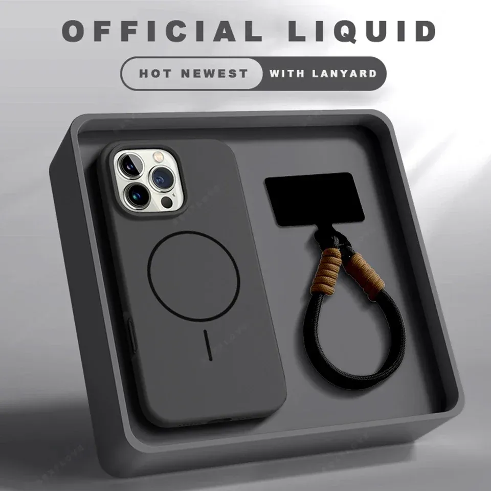 Coque magnétique en silicone avec lanière officielle MagSafe pour iPhone 11, 12, 13, 14, 15, 16, Plus, Pro et Pro Max 9