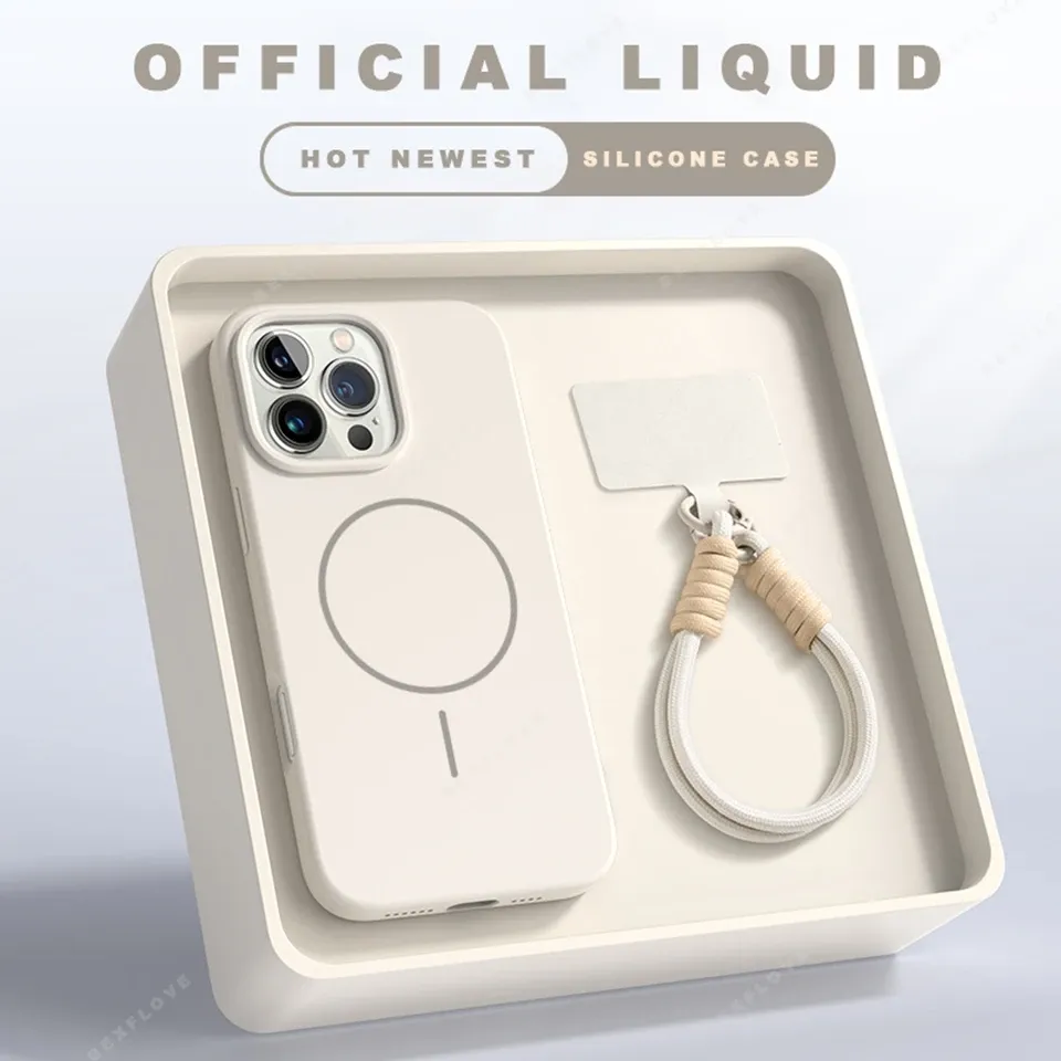 Coque magnétique en silicone avec lanière officielle MagSafe pour iPhone 11, 12, 13, 14, 15, 16, Plus, Pro et Pro Max 7