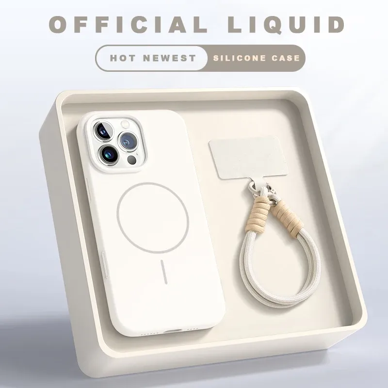 Coque magnétique en silicone avec lanière officielle MagSafe pour iPhone 11, 12, 13, 14, 15, 16, Plus, Pro et Pro Max 8