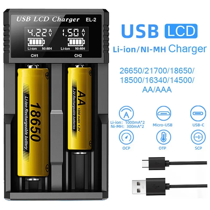 Chargeur intelligent LCD USB à 1 ou 2 emplacements pour batteries Li-ion 18650 3,7 V et NI-MH AA/AAA 1,2 V 2