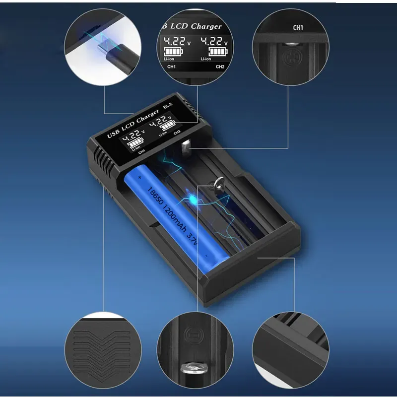 Chargeur intelligent LCD USB à 1 ou 2 emplacements pour batteries Li-ion 18650 3,7 V et NI-MH AA/AAA 1,2 V 5