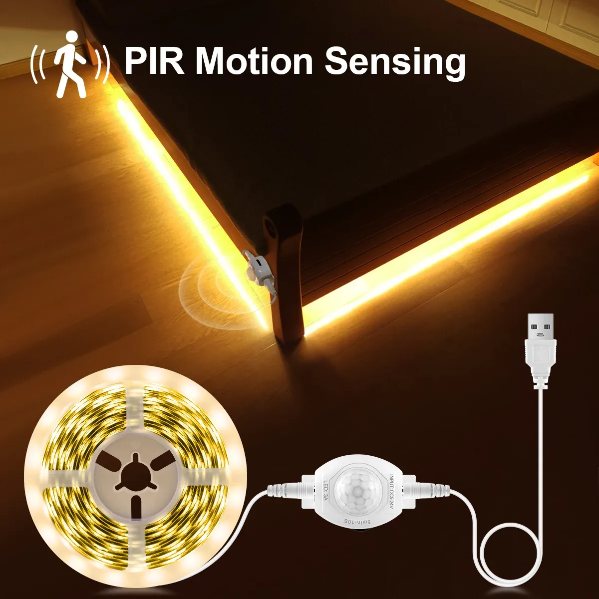 Bande LED flexible 5 V USB avec capteur de mouvement PIR sans fil pour escalier, placard et cuisine - Image 1