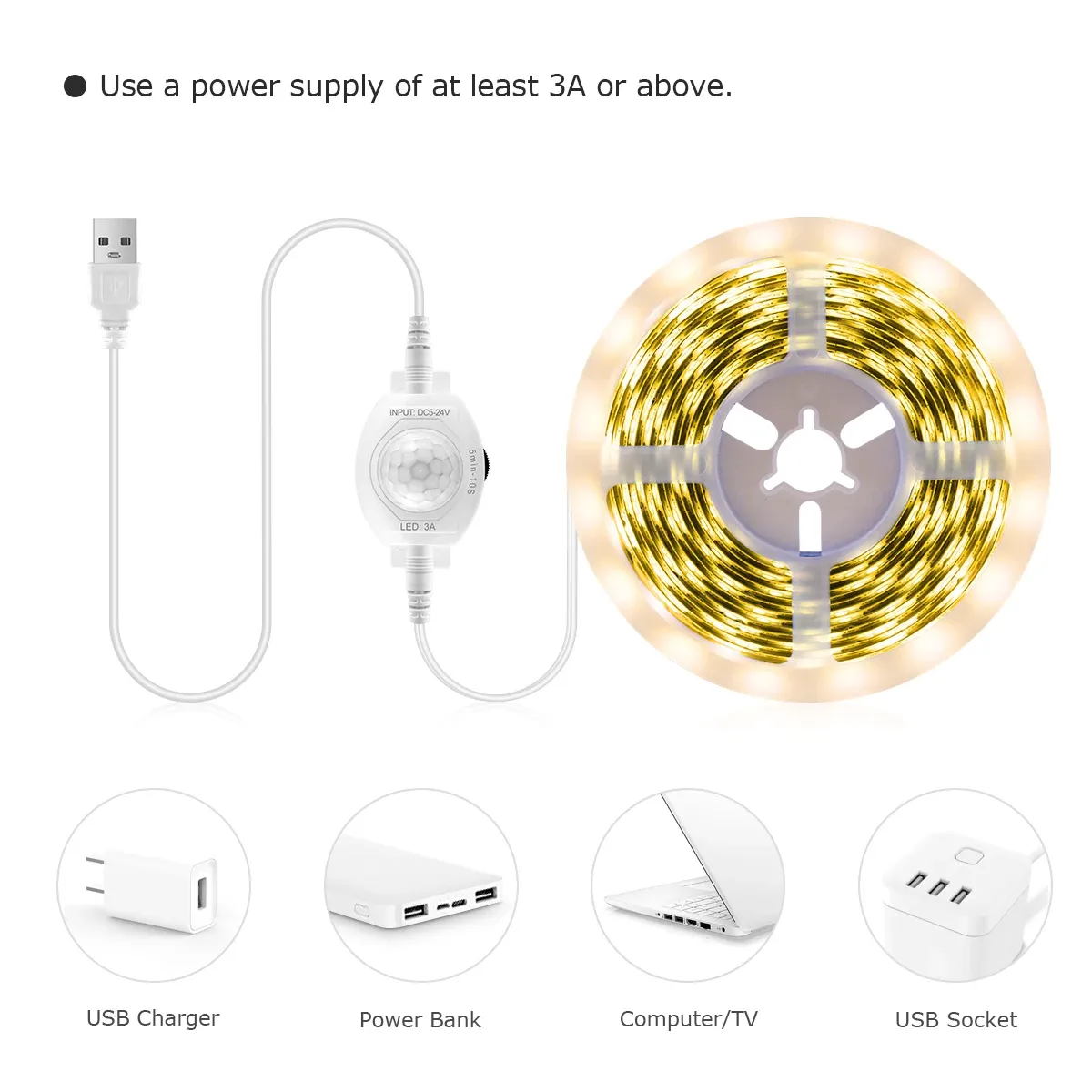 Bande LED flexible 5 V USB avec capteur de mouvement PIR sans fil pour escalier, placard et cuisine 5