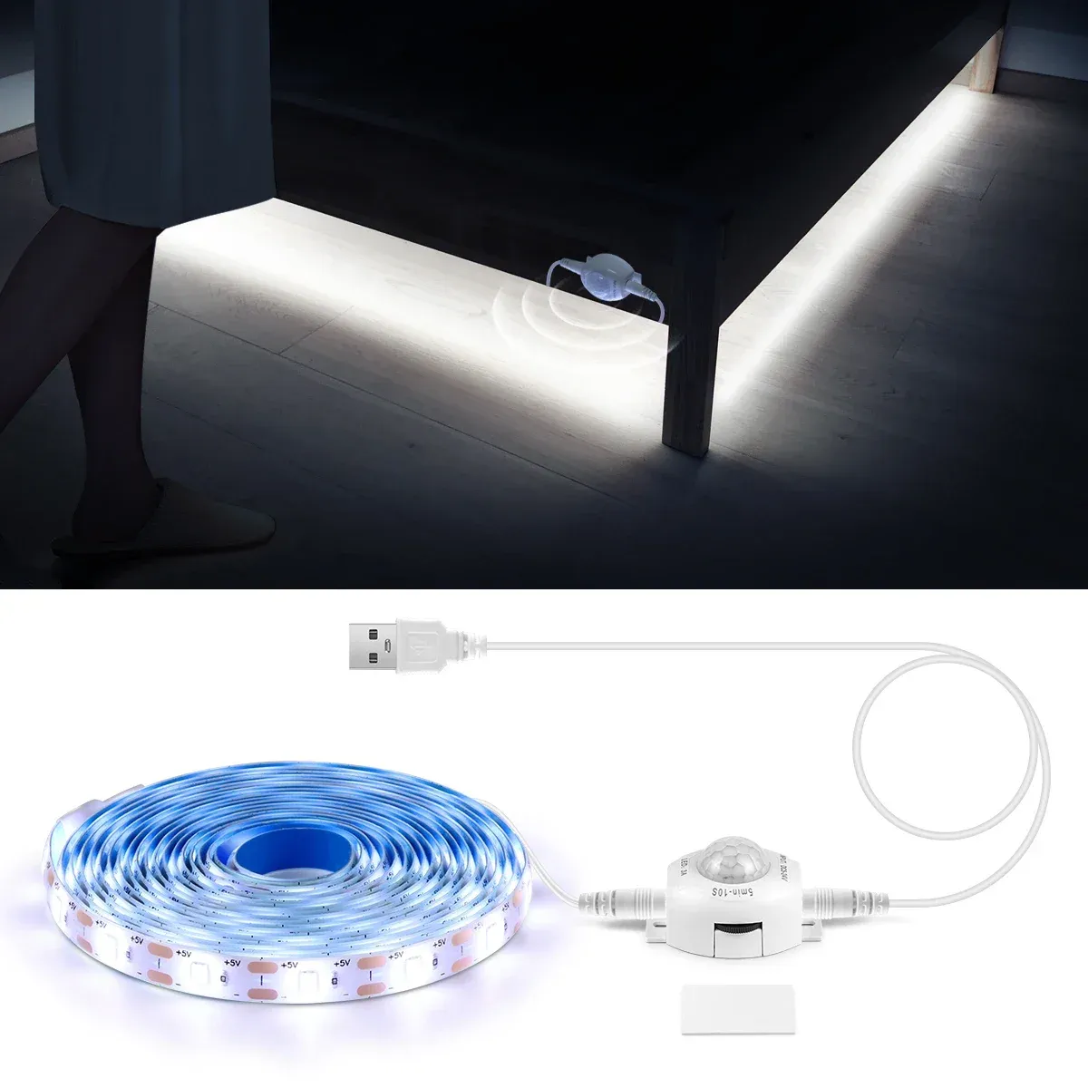 Bande LED flexible 5 V USB avec capteur de mouvement PIR sans fil pour escalier, placard et cuisine 7