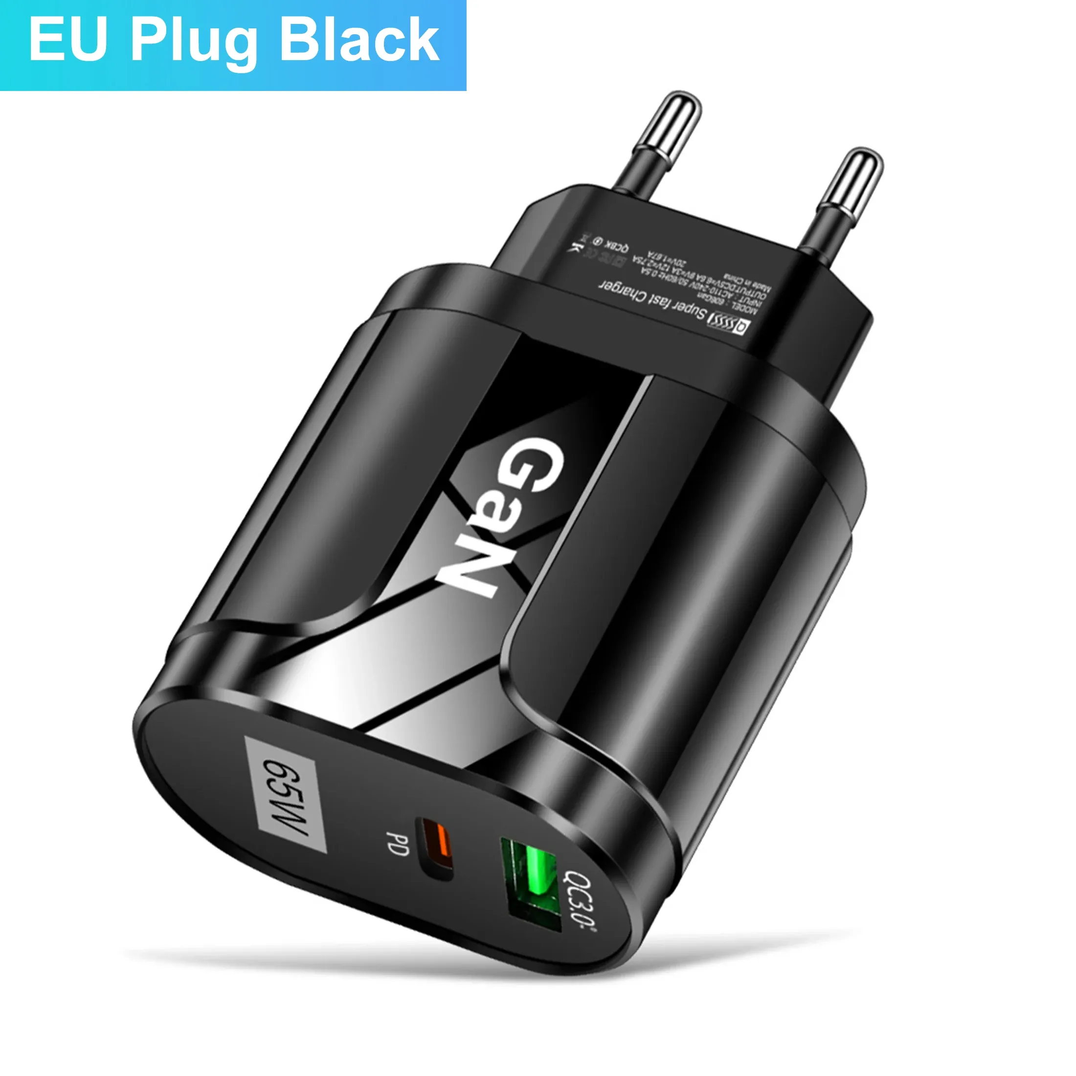 Chargeur mural GaN USB-C 65 W PD à charge rapide pour téléphone portable, compatible iPhone, Xiaomi, Samsung et Huawei, prise EU/US 2