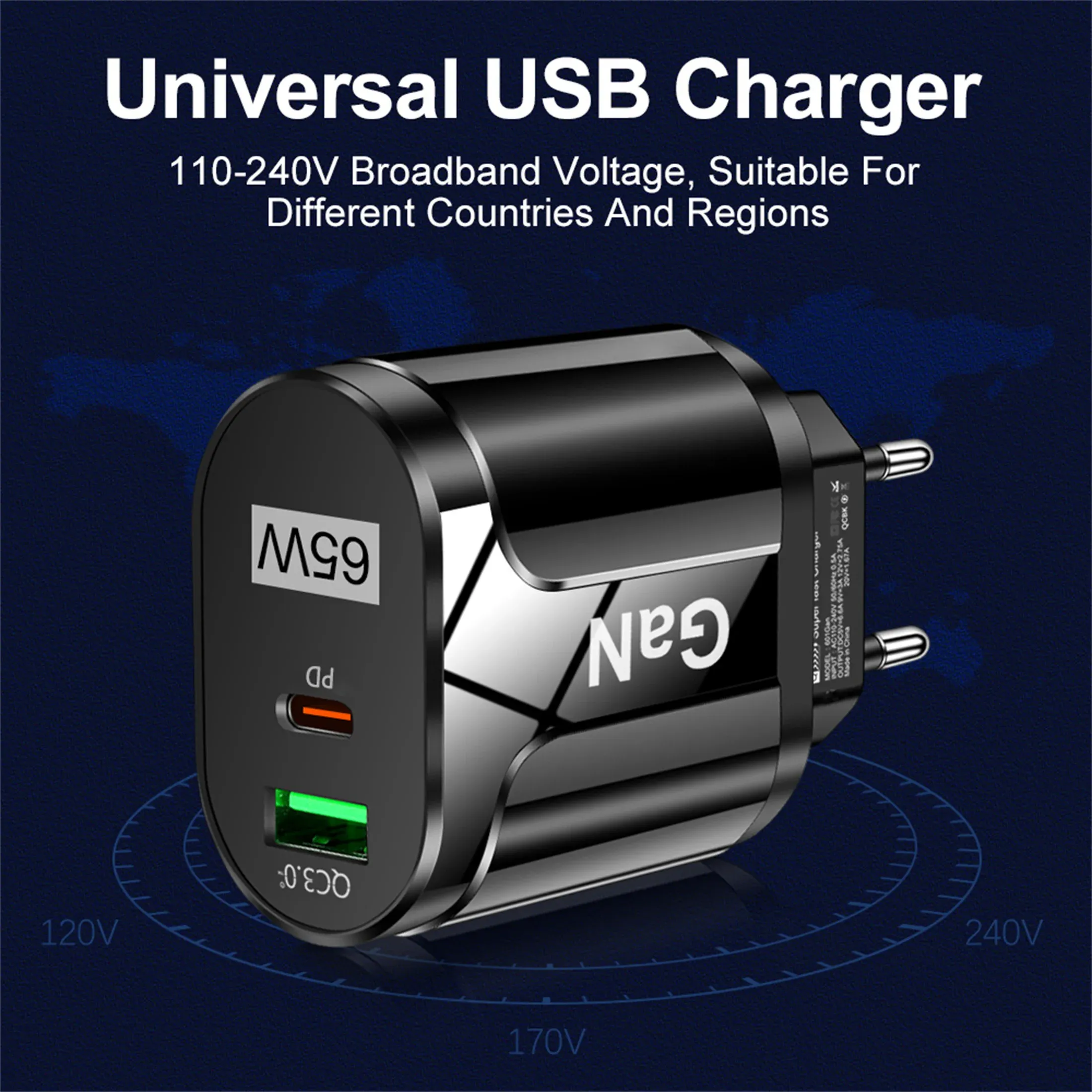 Chargeur mural GaN USB-C 65 W PD à charge rapide pour téléphone portable, compatible iPhone, Xiaomi, Samsung et Huawei, prise EU/US 6