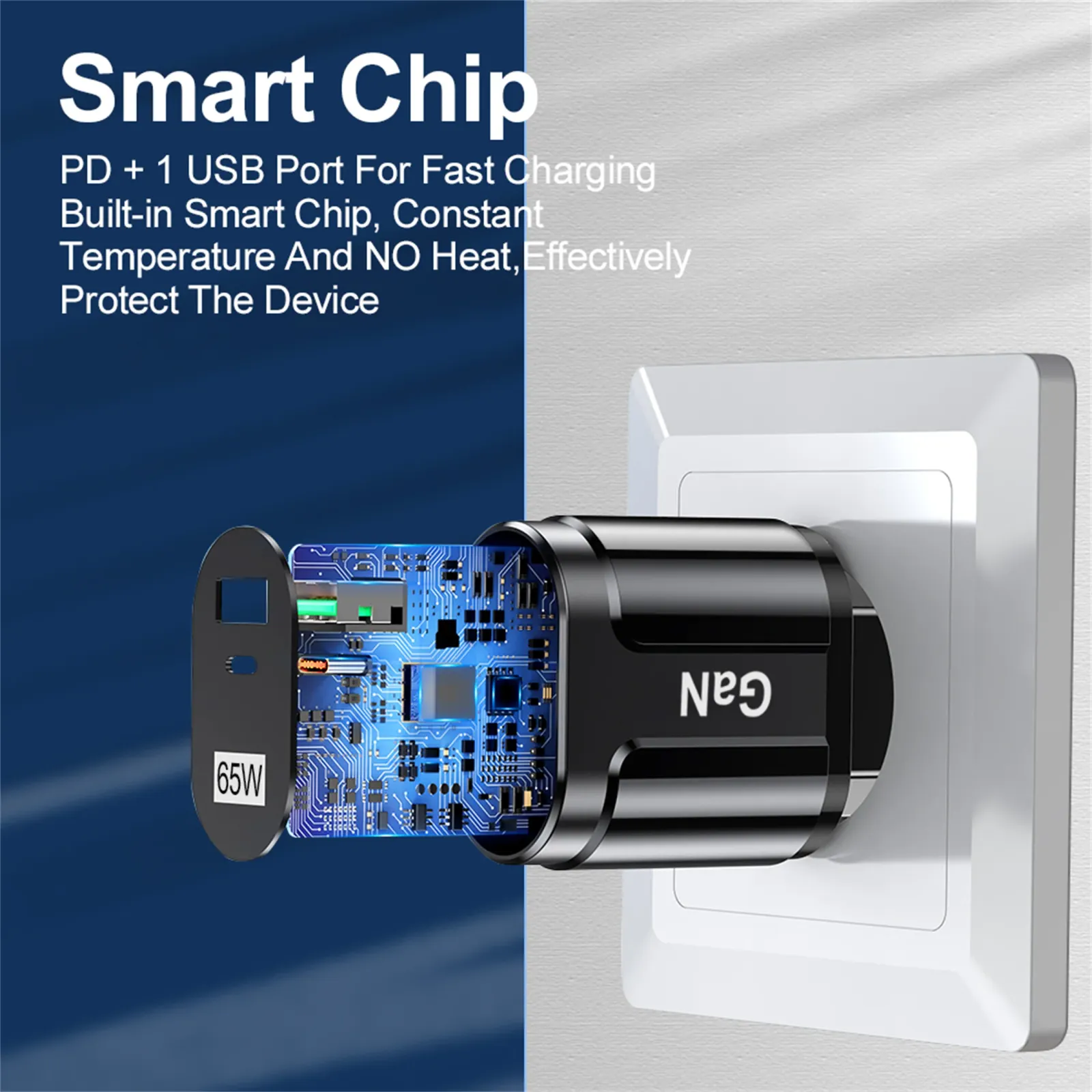 Chargeur mural GaN USB-C 65W, vue d'ensemble