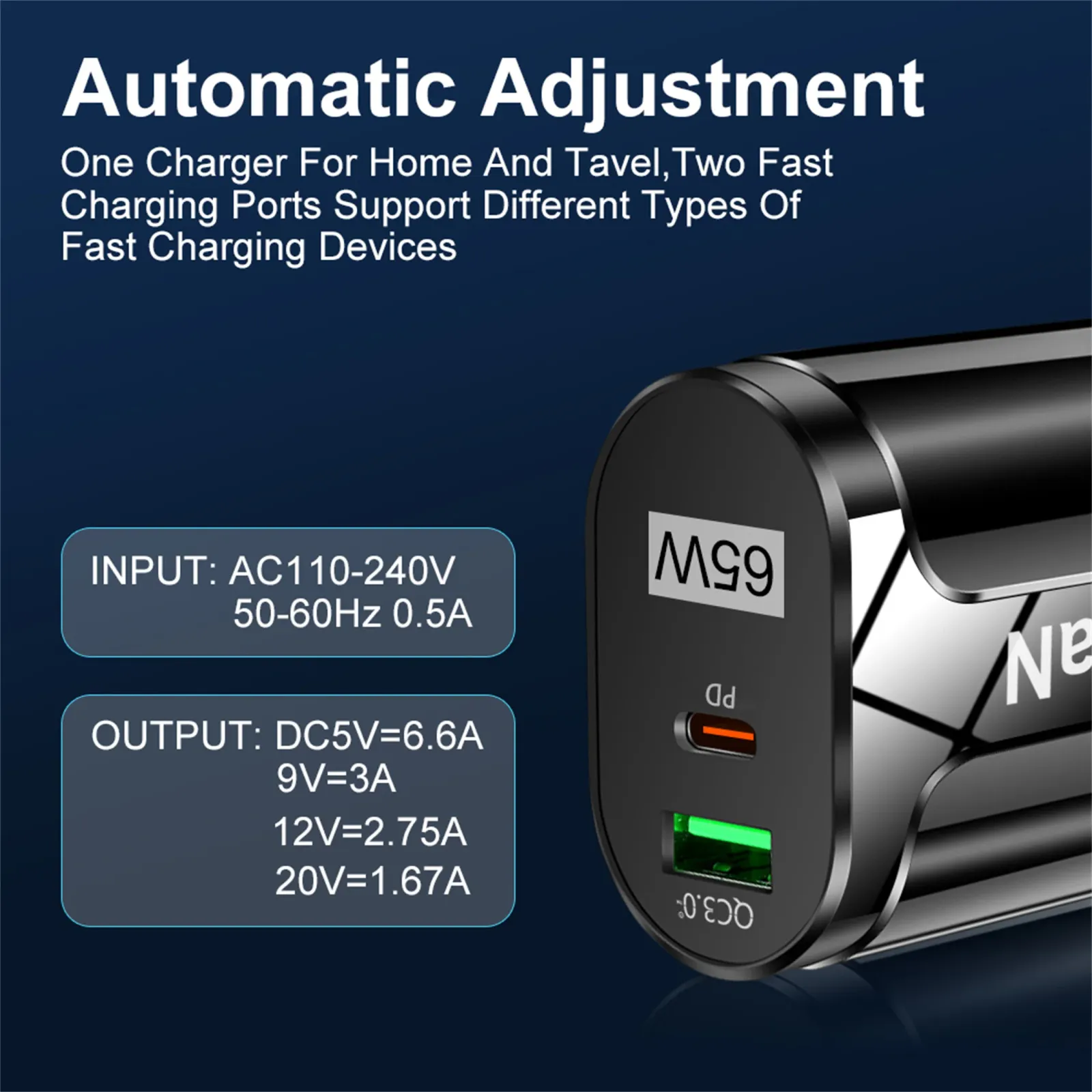 Chargeur mural GaN USB-C 65W, ports de charge