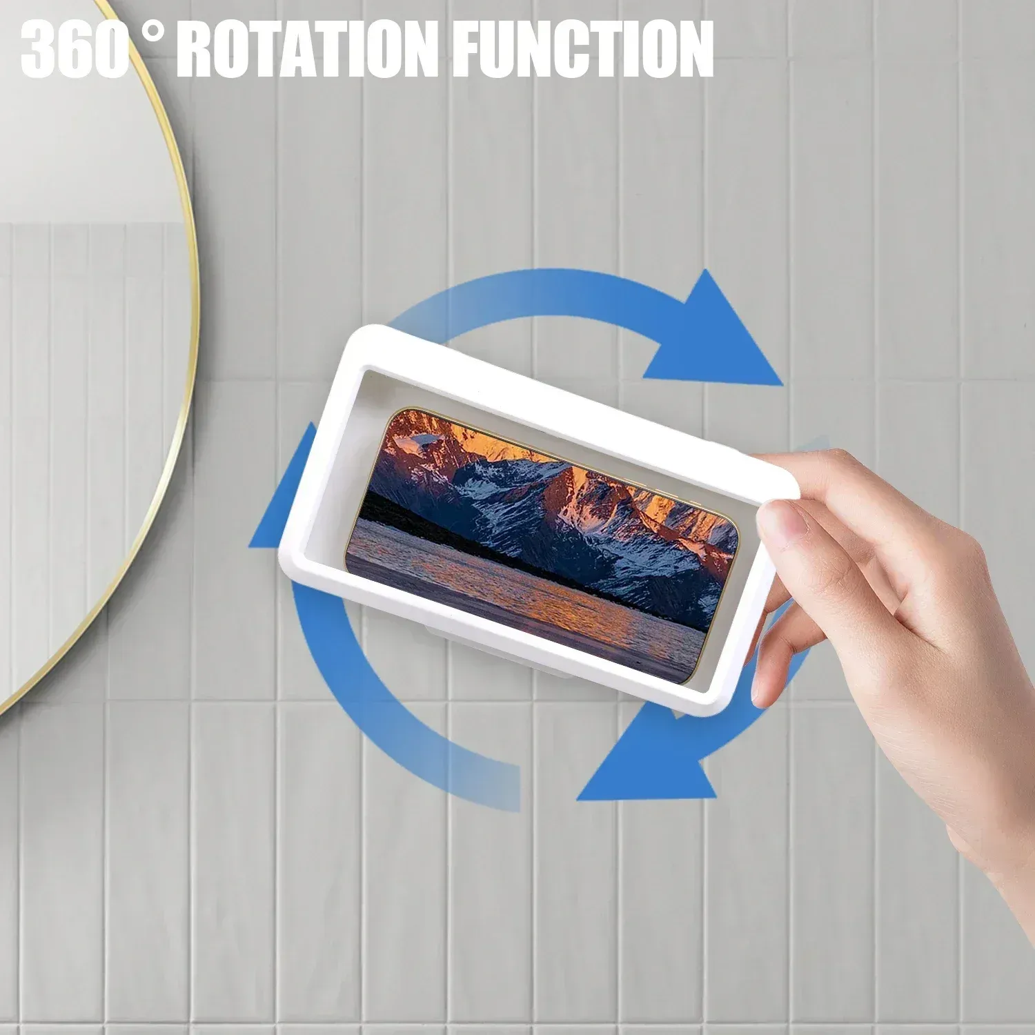 Étui étanche pour téléphone de douche sans perçage, rotatif et anti-buée, avec support mural tactile, compatible iPhone, Samsung et Xiaomi, ajustement universel jusqu'à 6,8 pouces 5