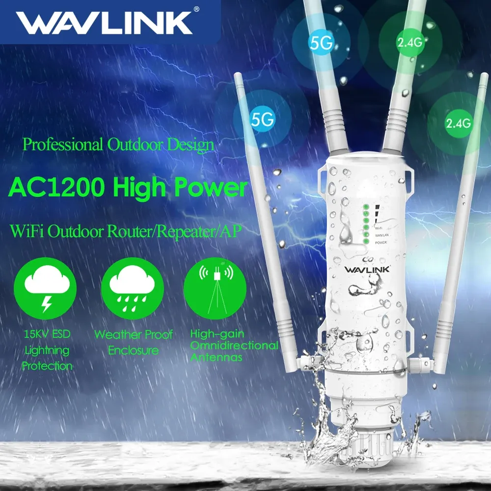 Répéteur Wi-Fi extérieur sans fil haute puissance Wavlink AC1200/600/300, double bande 2,4 GHz + 5 GHz, mode point d'accès/routeur, alimentation PoE, extension de portée