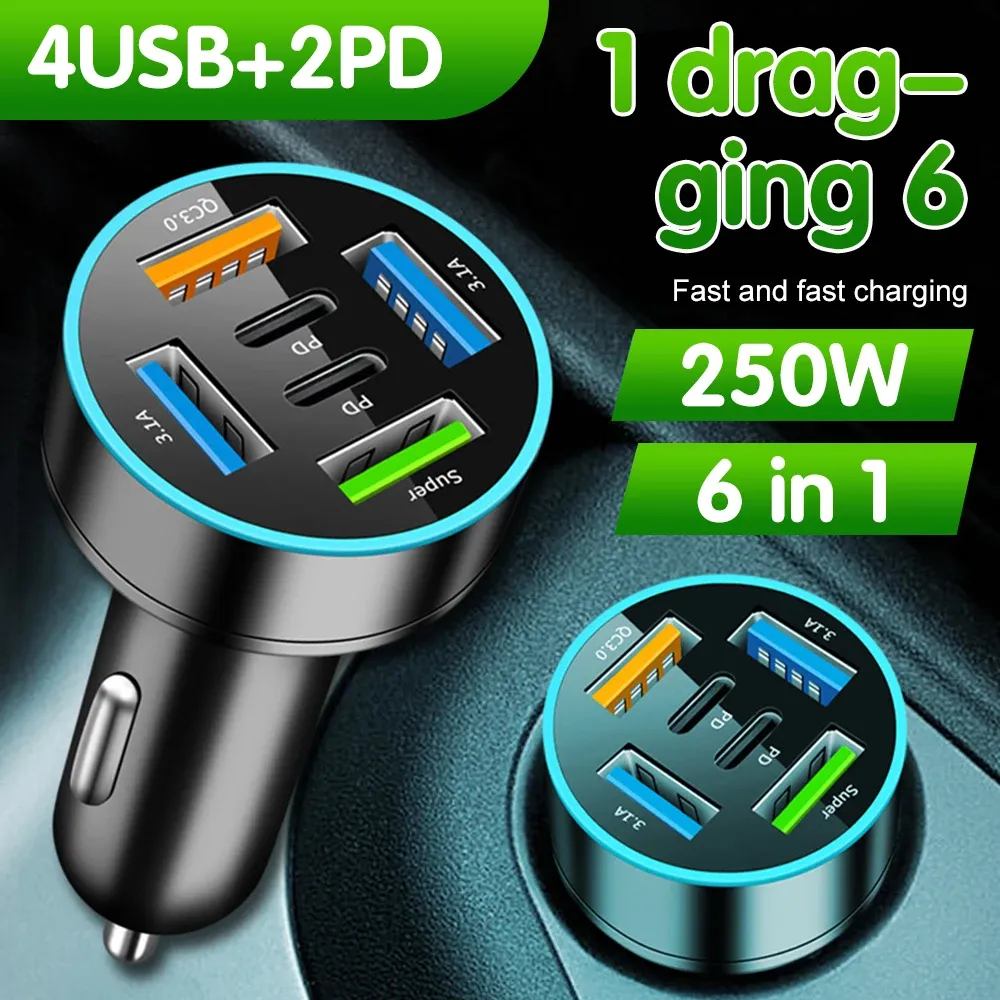 Chargeur de voiture 250 W 5 ports avec charge rapide PD et QC 3.0, USB-C, compatible iPhone, Samsung, Huawei et Xiaomi - Image 1