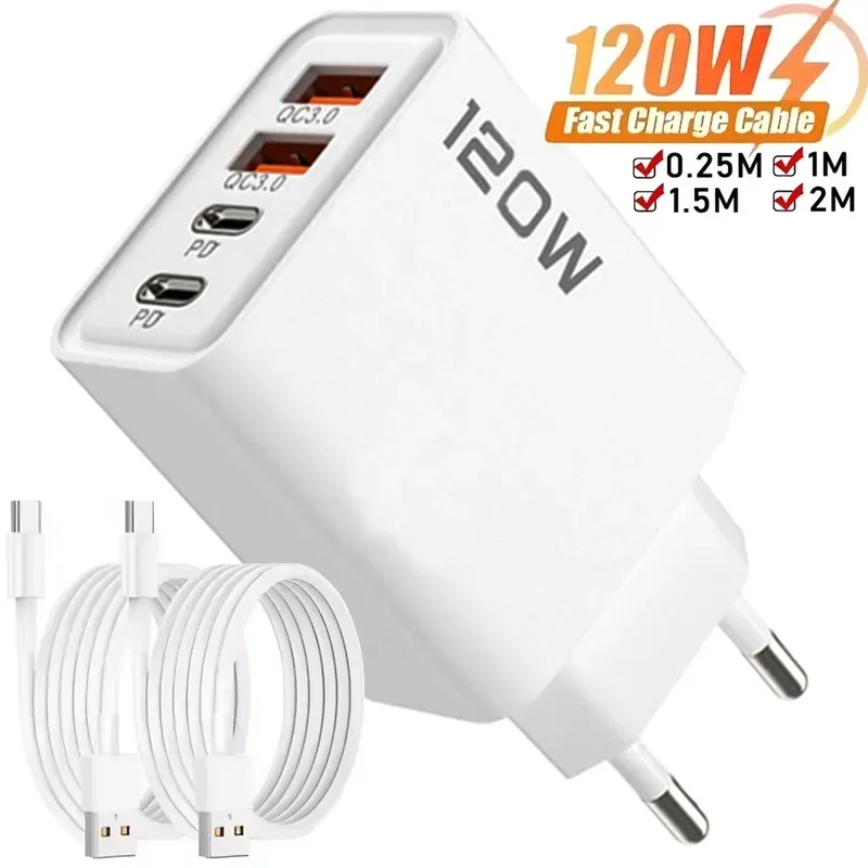 Chargeur mural USB-C 120W 4 ports, charge rapide, avec câble de données, compatible Samsung, iPhone, Xiaomi et Huawei 1