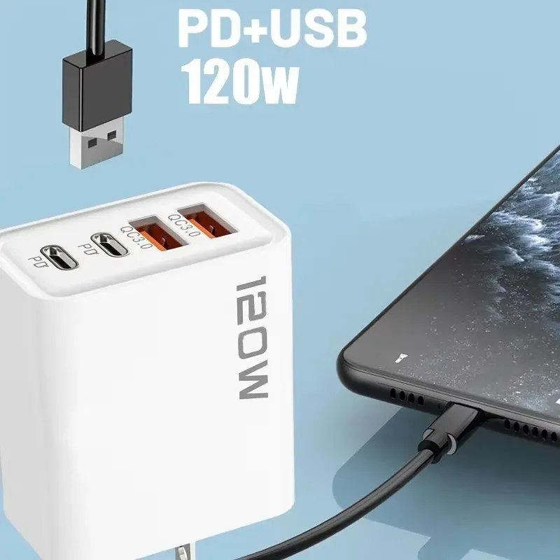 Chargeur mural USB-C 120W 4 ports, charge rapide, avec câble de données, compatible Samsung, iPhone, Xiaomi et Huawei 5