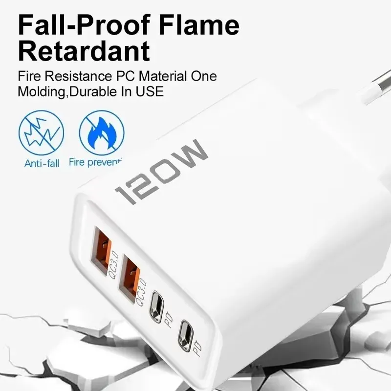 Chargeur mural USB-C 120W 4 ports, charge rapide, avec câble de données, compatible Samsung, iPhone, Xiaomi et Huawei 4