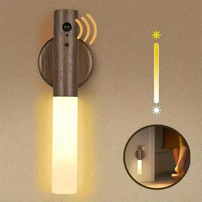 Appliques murales rechargeables, lampes murales magnétiques, veilleuses à détecteur de mouvement, éclairage mural en bois pour chambre et escalier 2