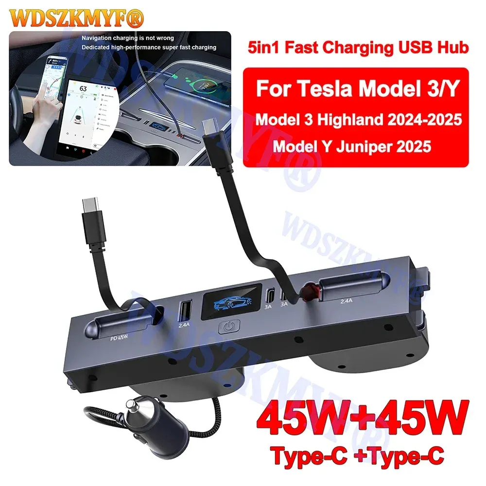 Hub USB-C à charge rapide 65 W / 45 W avec station d'extension pour console centrale Tesla Model Y Juniper (2025) et Model 3 Highland (2024)