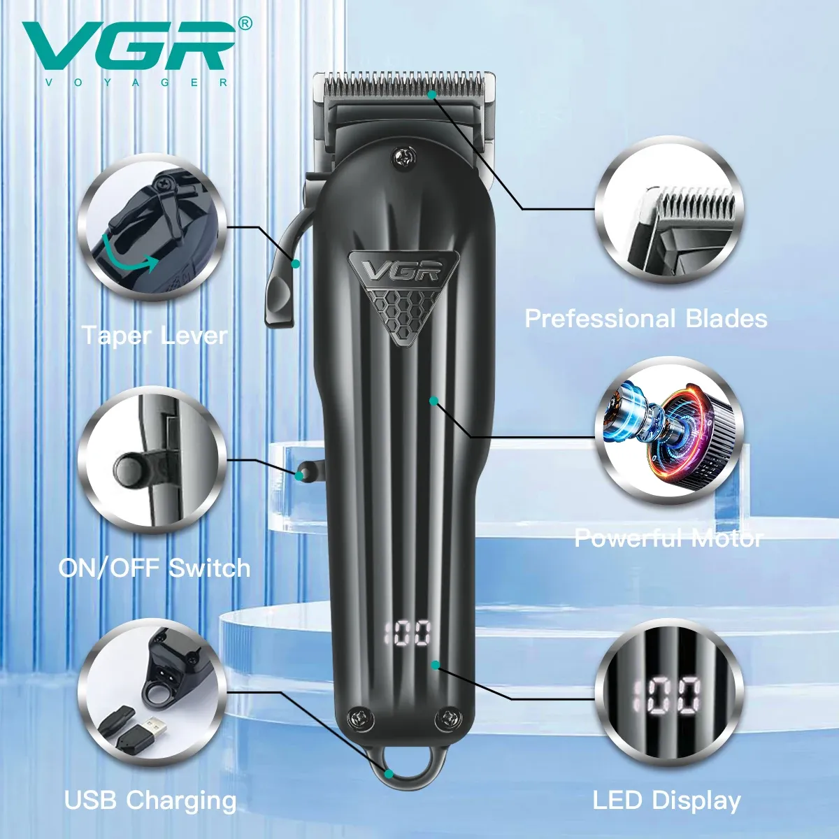 VGR Tondeuse à cheveux professionnelle pour homme, tondeuse électrique sans fil avec affichage numérique, modèle V-282 2