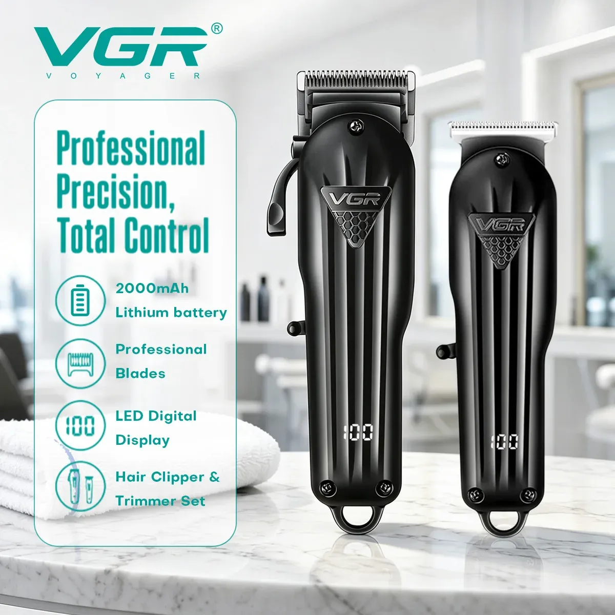 VGR Tondeuse à cheveux professionnelle pour homme, tondeuse électrique sans fil avec affichage numérique, modèle V-282 - Image 1