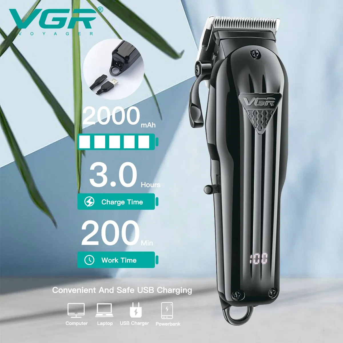VGR Tondeuse à cheveux professionnelle pour homme, tondeuse électrique sans fil avec affichage numérique, modèle V-282 3