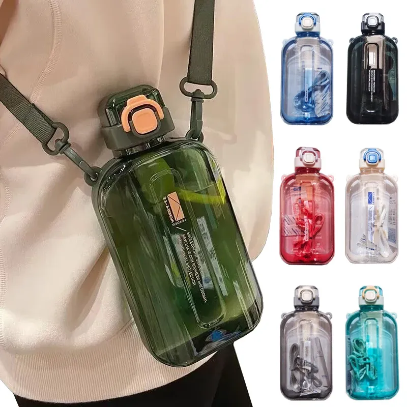 Bouteille d'eau carrée plate transparente, gourde de voyage portable avec sangle réglable, gourde fine et élégante pour le sport et le camping - Image 1