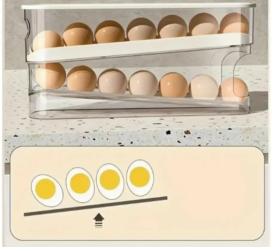 Boîte de rangement pour œufs à double étage style échelle avec distributeur à défilement automatique pour réfrigérateur 3