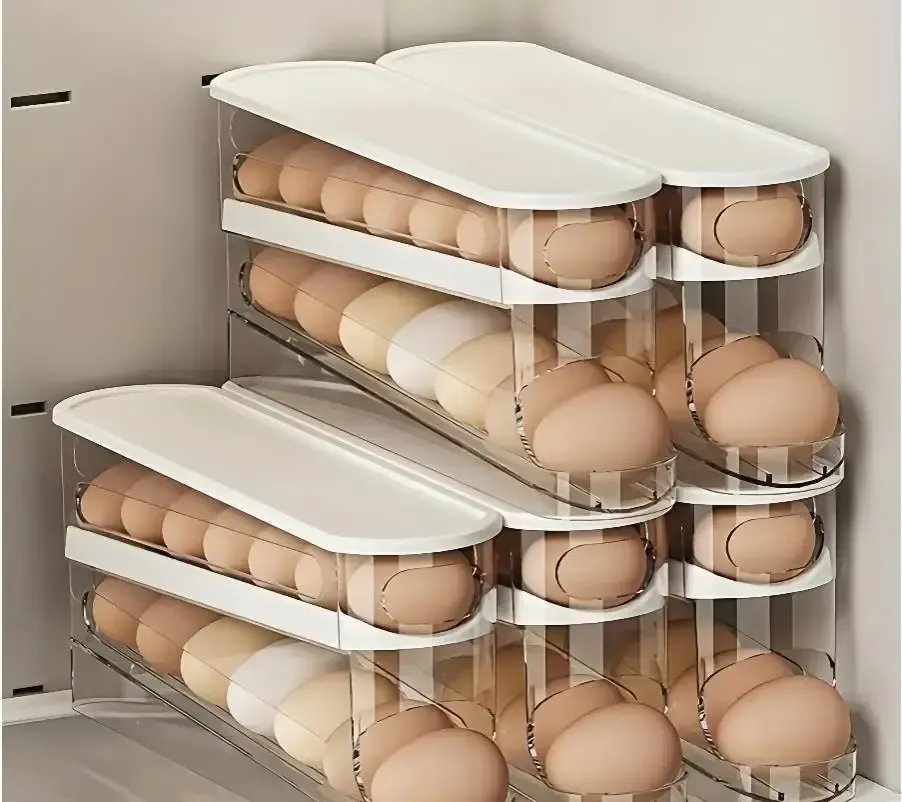 Boîte de rangement pour œufs à double étage style échelle avec distributeur à défilement automatique pour réfrigérateur 5