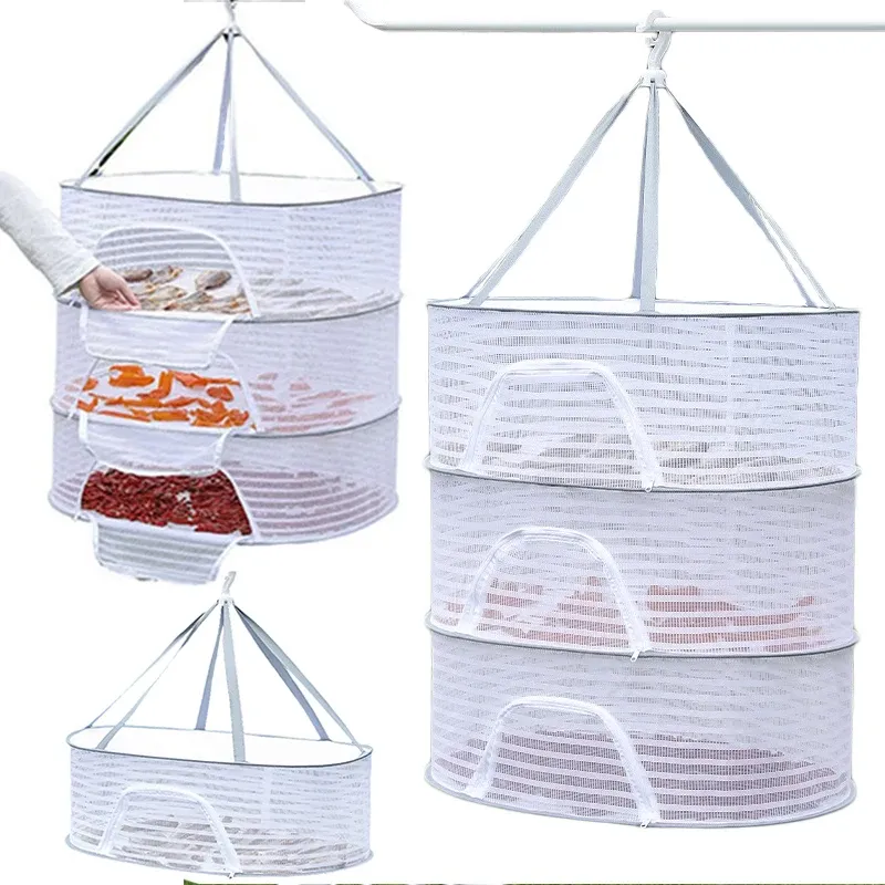 Filet de séchage suspendu à 1, 2 ou 3 niveaux pour poissons, en maille pliable, pour légumes, fruits, vêtements et herbes aromatiques - Image 1