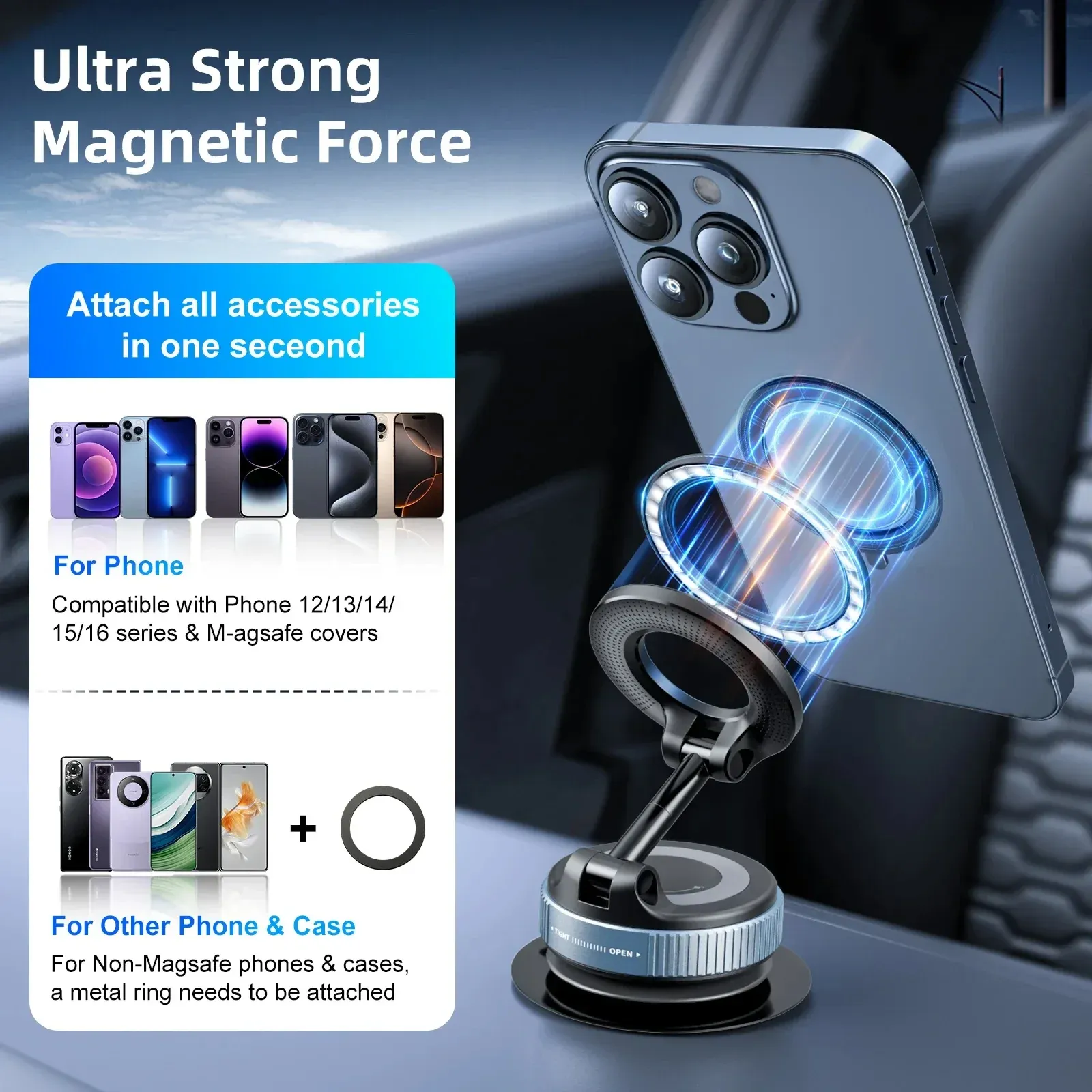 Support magnétique pour téléphone de voiture à ventouse mécanique, rotation à 360° 4