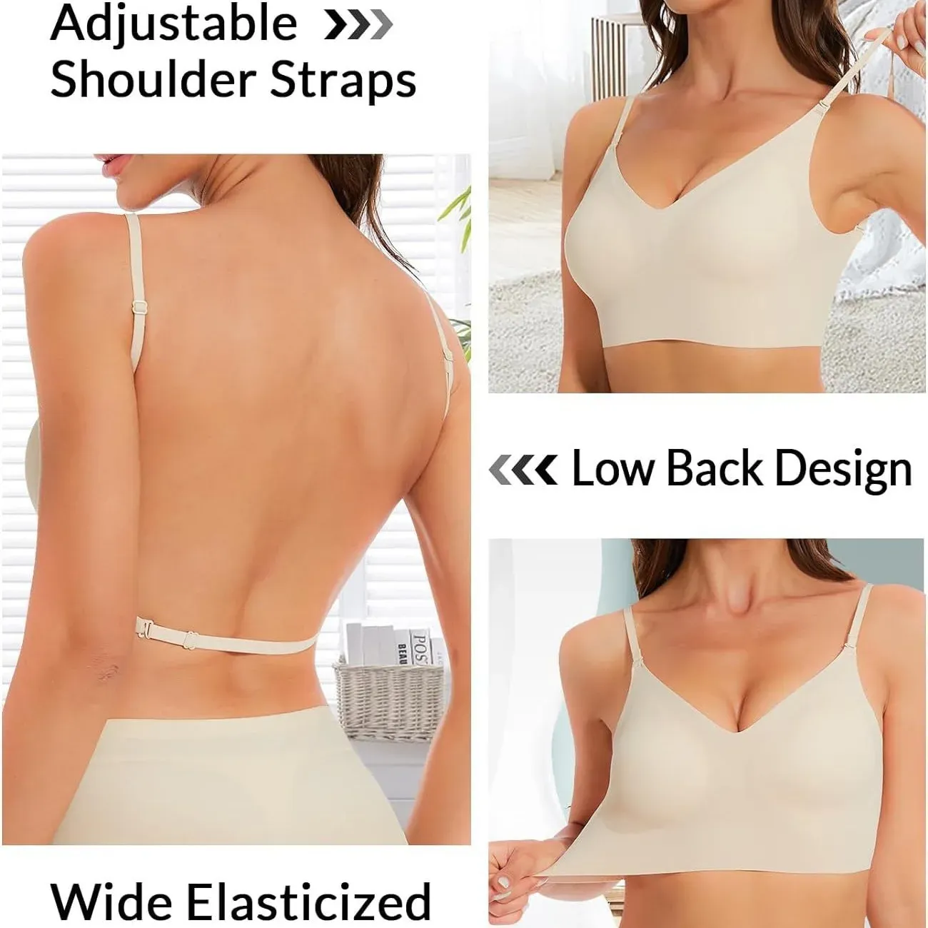 Soutien-gorge sans couture à dos plongeant, sans armatures, rembourré, à bretelles multiposition et encolure licou