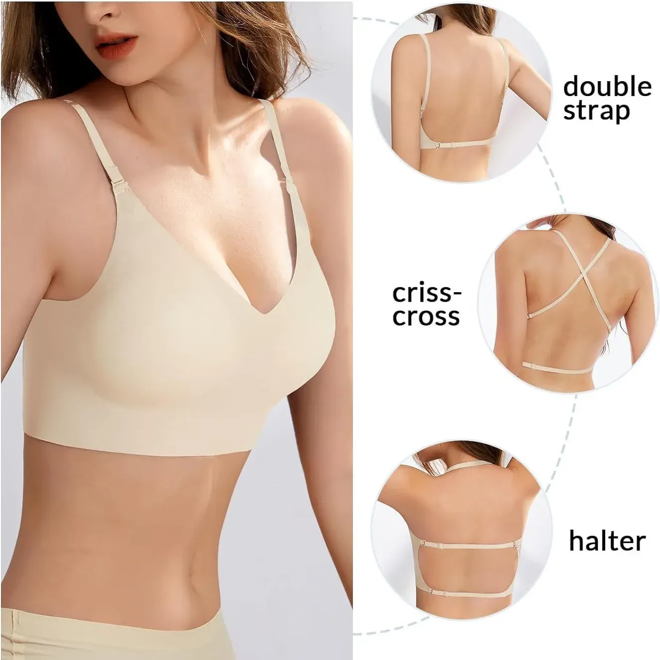 Soutien-gorge sans couture à dos plongeant, sans armatures, rembourré, à bretelles multiposition et encolure licou 2