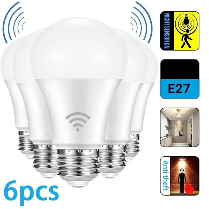 6 pièces ampoules LED E27 à détecteur de mouvement radar 220V/110V, 6W, 9W, 12W, 15W, 18W, 20W, fonctionnement en obscurité nocturne