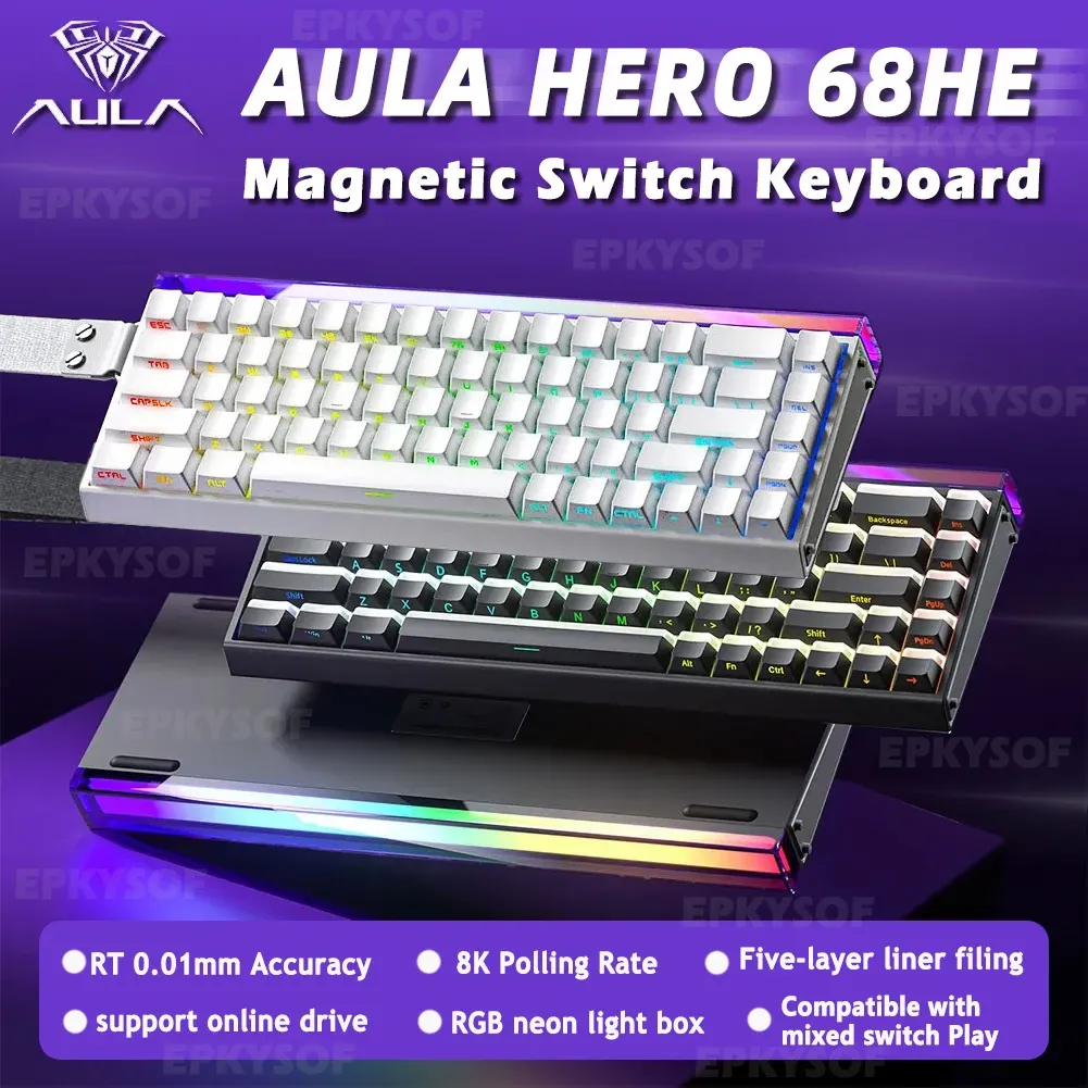 AULA HERO 68HE Clavier de jeu magnétique, interrupteurs magnétiques, rétroéclairage RVB, déclenchement rapide, taux de scrutation 8K, connexion filaire, clavier Esports personnalisable