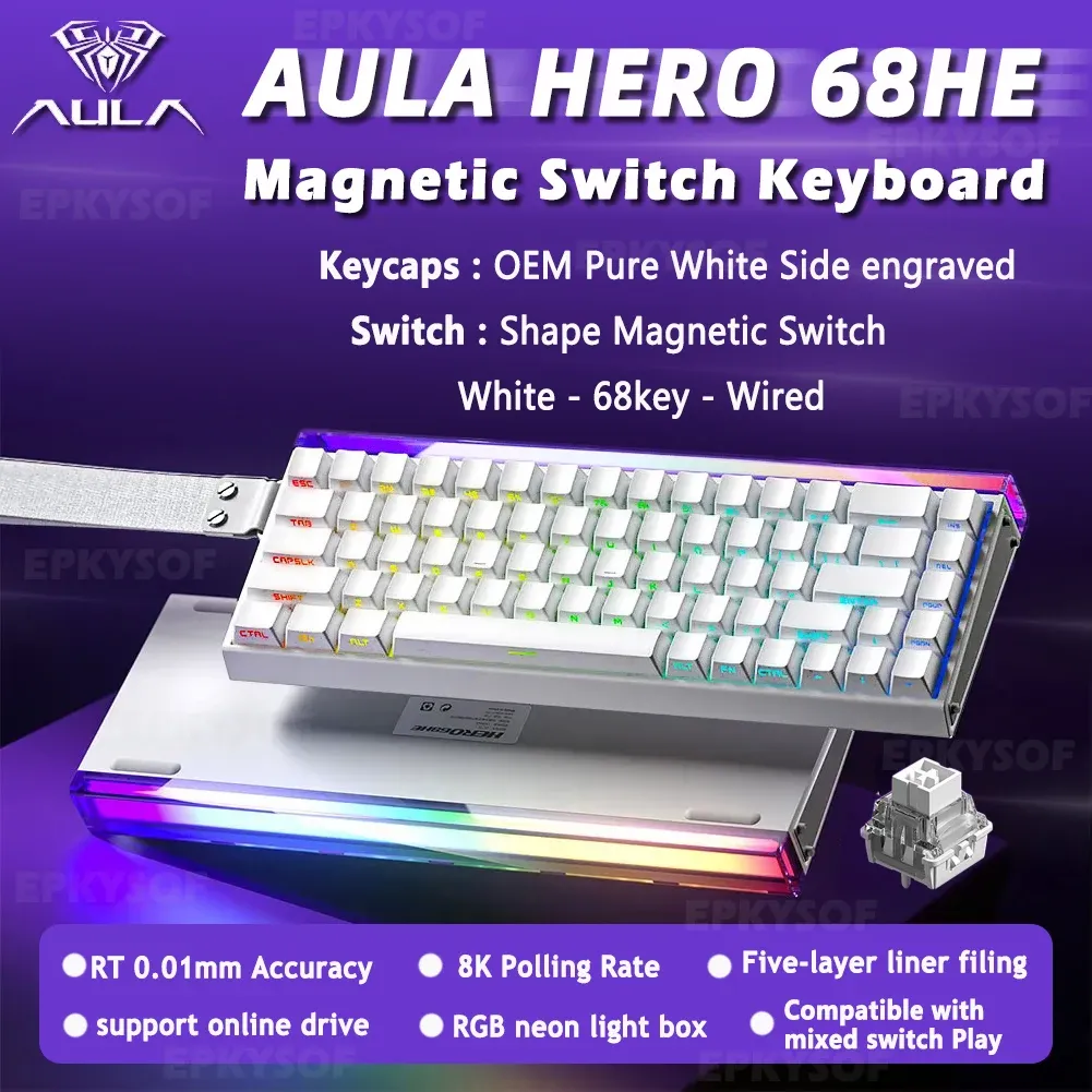 AULA HERO 68HE Clavier de jeu magnétique, interrupteurs magnétiques, rétroéclairage RVB, déclenchement rapide, taux de scrutation 8K, connexion filaire, clavier Esports personnalisable 8