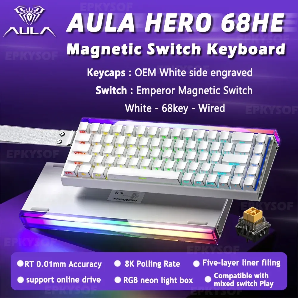 AULA HERO 68HE Clavier de jeu magnétique, interrupteurs magnétiques, rétroéclairage RVB, déclenchement rapide, taux de scrutation 8K, connexion filaire, clavier Esports personnalisable 9