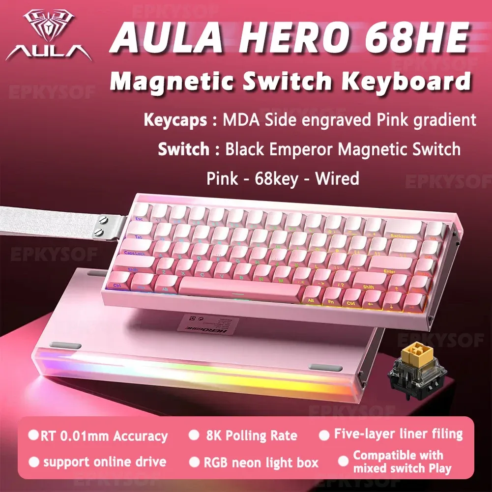 AULA HERO 68HE Clavier de jeu magnétique, interrupteurs magnétiques, rétroéclairage RVB, déclenchement rapide, taux de scrutation 8K, connexion filaire, clavier Esports personnalisable 10