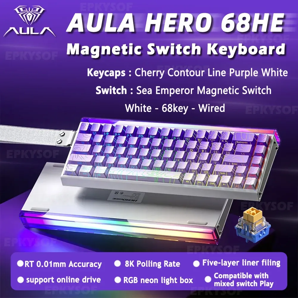 AULA HERO 68HE Clavier de jeu magnétique, interrupteurs magnétiques, rétroéclairage RVB, déclenchement rapide, taux de scrutation 8K, connexion filaire, clavier Esports personnalisable 12