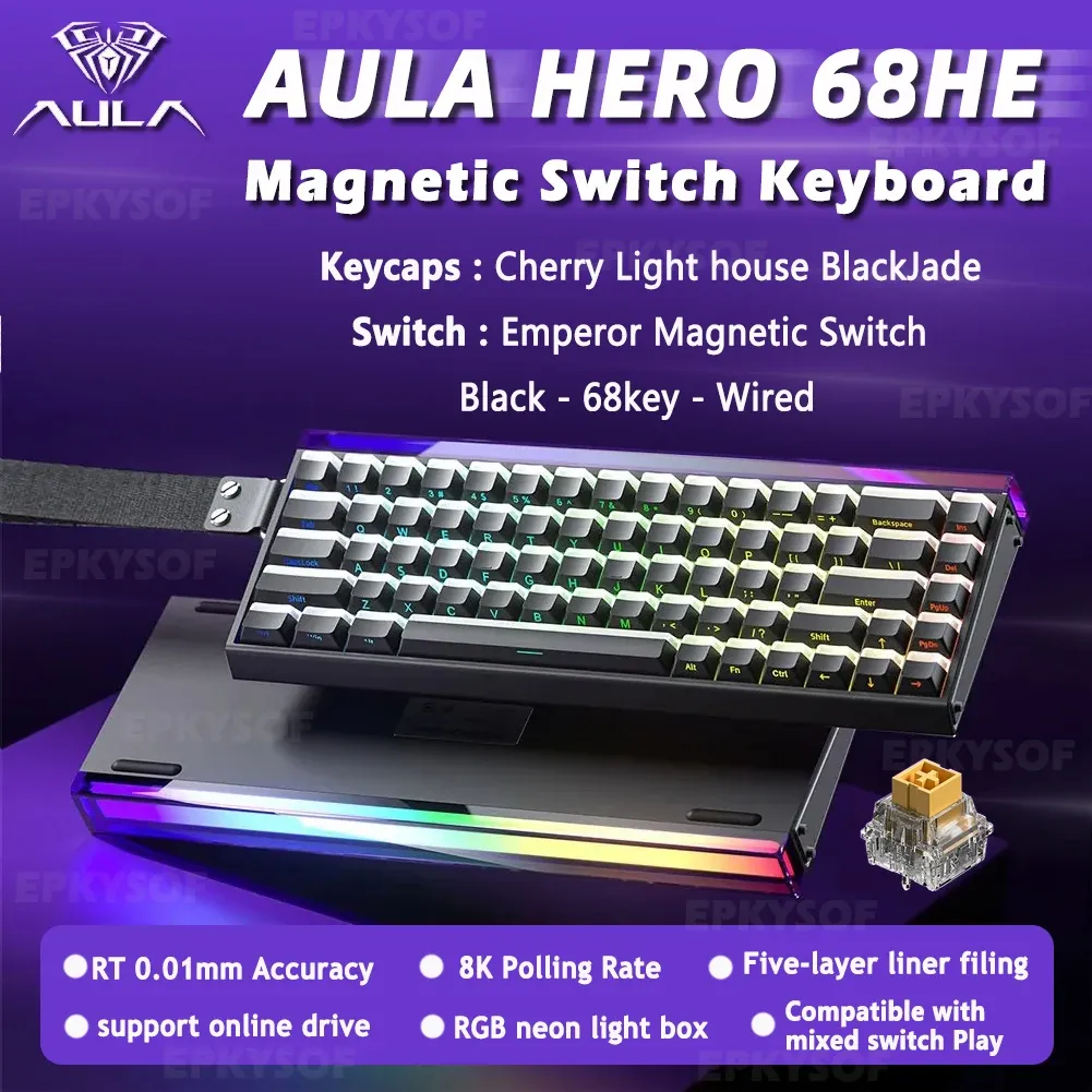 AULA HERO 68HE Clavier de jeu magnétique, interrupteurs magnétiques, rétroéclairage RVB, déclenchement rapide, taux de scrutation 8K, connexion filaire, clavier Esports personnalisable 7