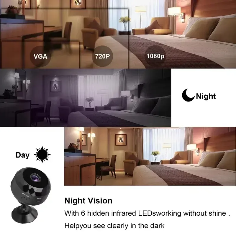Mini caméra de sécurité sans fil WiFi avec vision nocturne, détection de mouvement et batterie rechargeable 5
