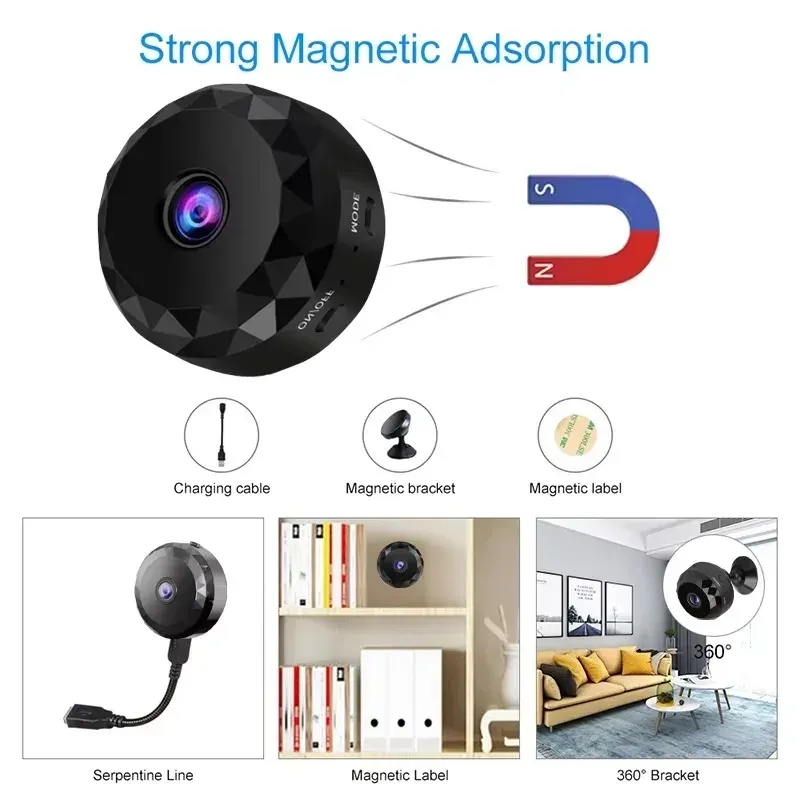 Mini caméra de sécurité sans fil WiFi avec vision nocturne, détection de mouvement et batterie rechargeable 6