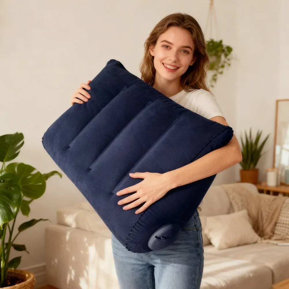 Oreiller de voyage triangulaire gonflable, soutien lombaire et cervical pour le bureau, coussin repose-jambes épaissi en flocage pour les voyages en avion