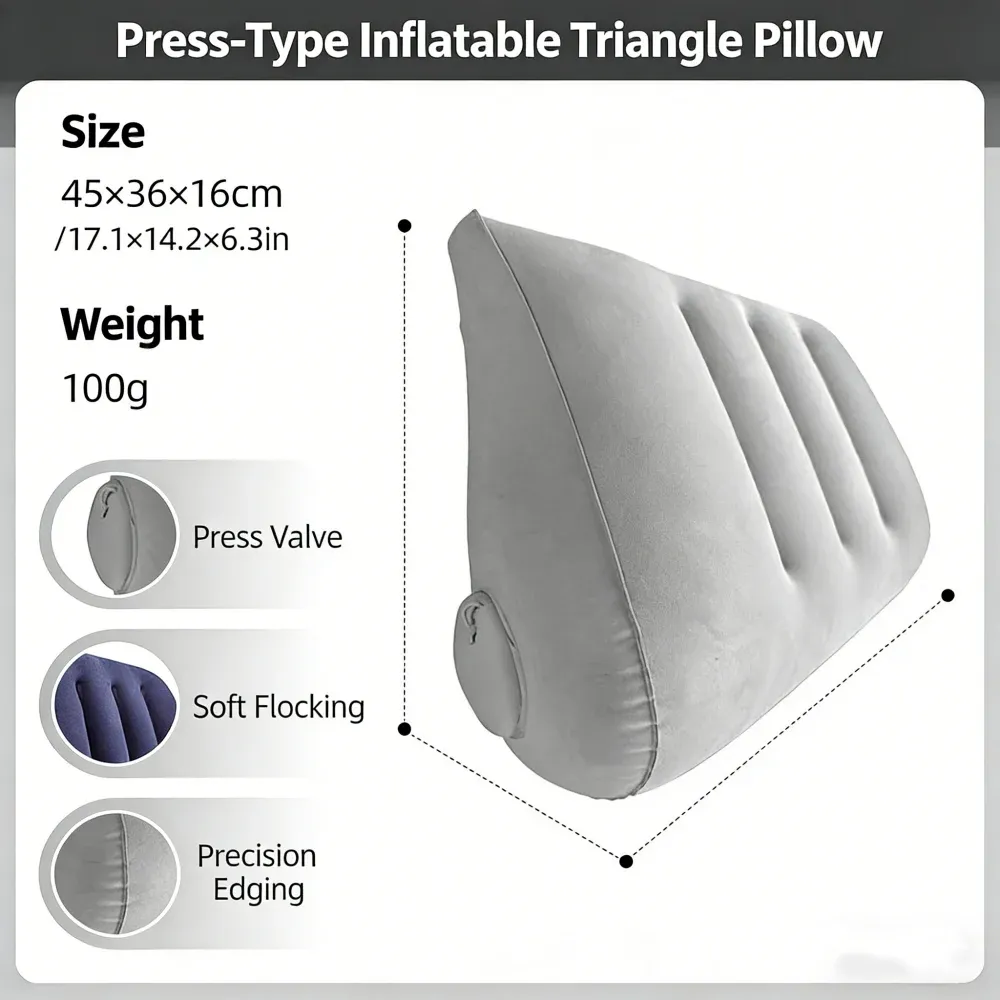 Oreiller de voyage triangulaire gonflable, soutien lombaire et cervical pour le bureau, coussin repose-jambes épaissi en flocage pour les voyages en avion 6
