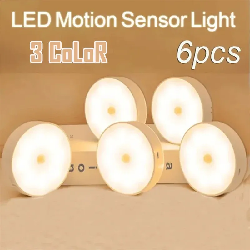 Lot de 2 à 6 veilleuses LED rechargeables USB avec détecteur de mouvement, 3 couleurs, sans fil, pour armoire, placard et escalier