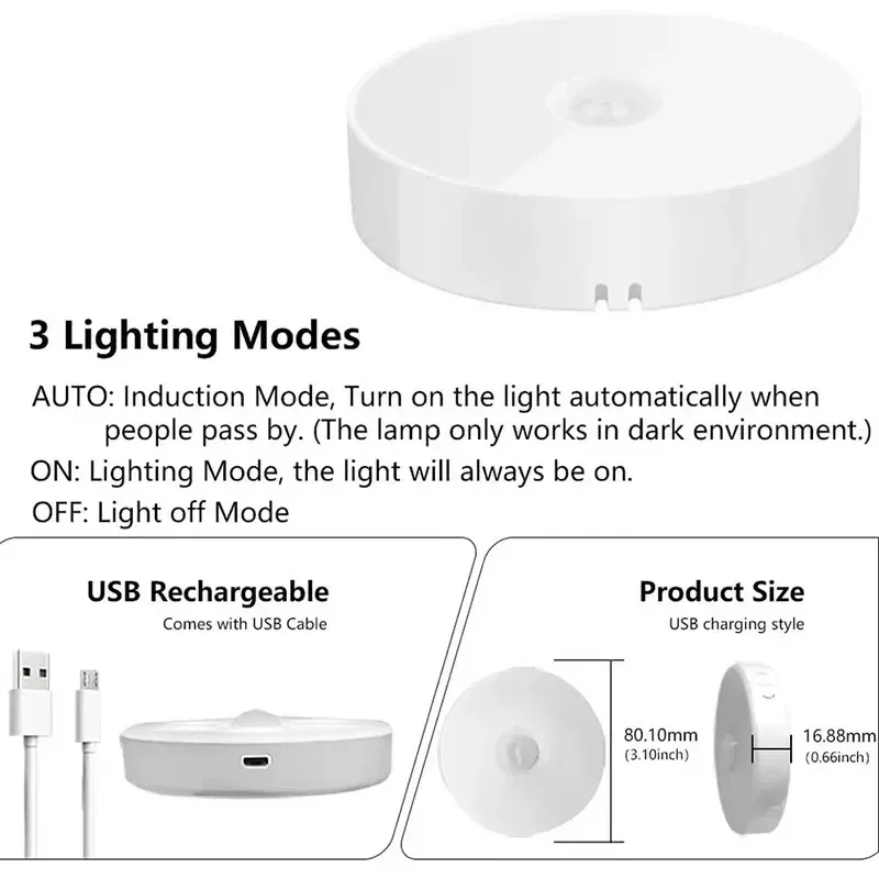 Lot de 2 à 6 veilleuses LED rechargeables USB avec détecteur de mouvement, 3 couleurs, sans fil, pour armoire, placard et escalier 6