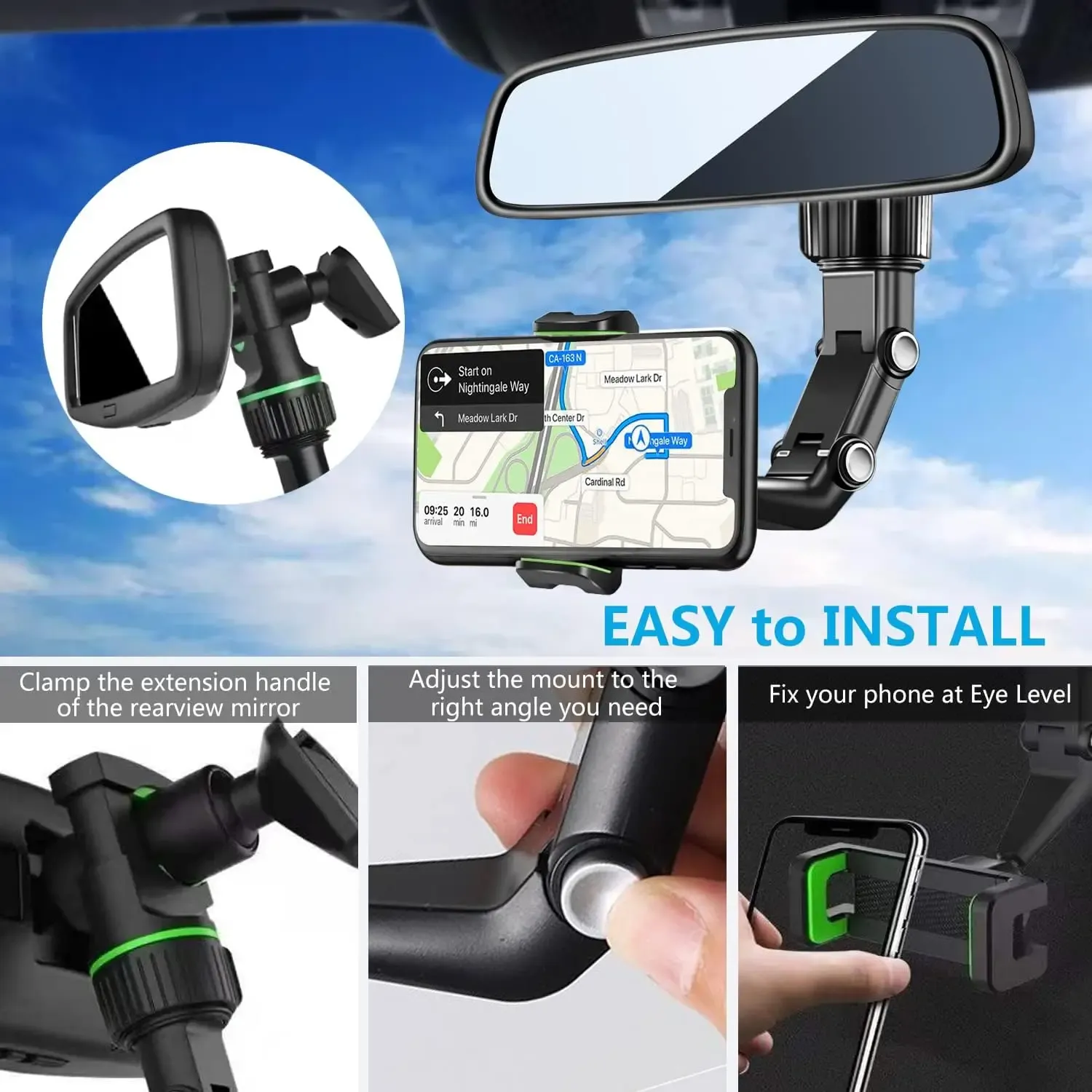 Support de téléphone pour rétroviseur de voiture rotatif à 360° et rétractable, universel pour tous véhicules 5