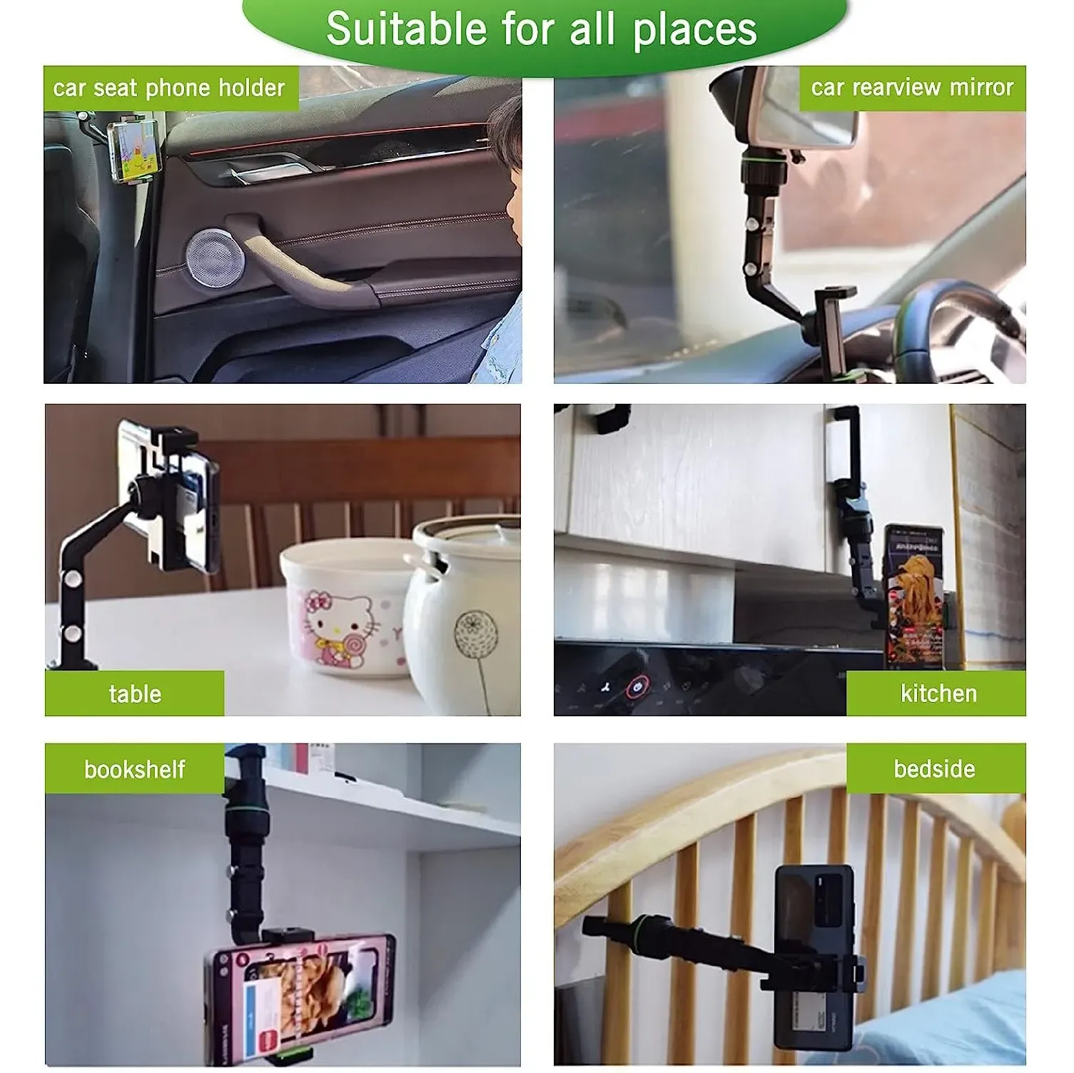 Support de téléphone pour rétroviseur de voiture rotatif à 360° et rétractable, universel pour tous véhicules 6