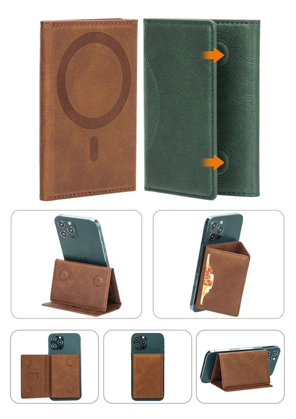 Étui portefeuille en cuir sous différents angles