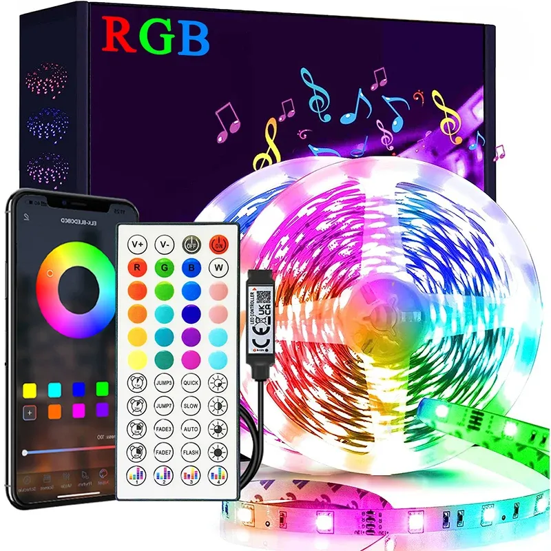 Bande lumineuse LED RGB flexible 1 à 40 m avec synchronisation musicale, alimentation USB 5 V et télécommande