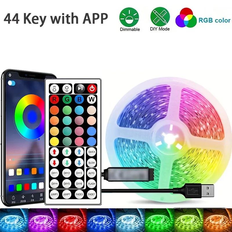 Bande lumineuse LED RGB flexible 1 à 40 m avec synchronisation musicale, alimentation USB 5 V et télécommande 8